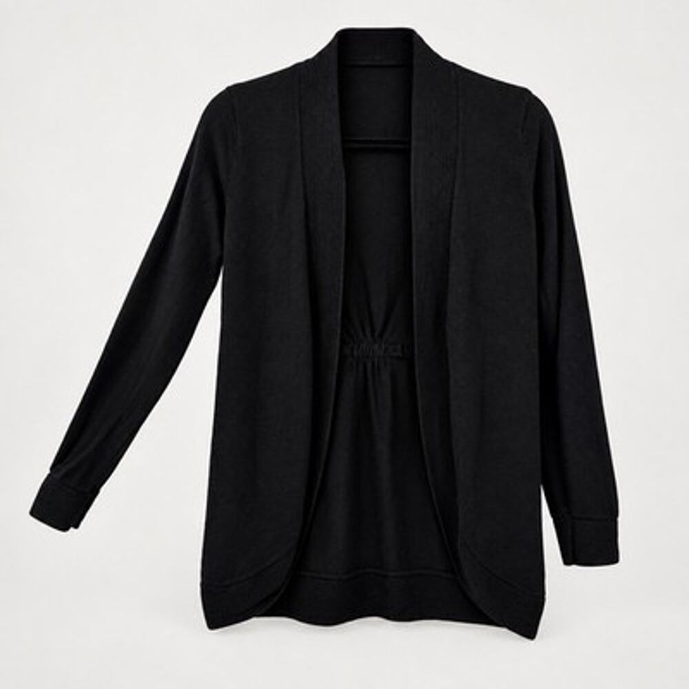Chicos Open Mid Cardigan size Small Black Cotton Blend Cinched Back Shrug